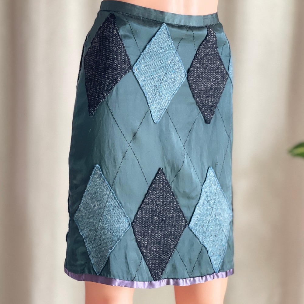 Vtg Y2K Custo Barcelona Teal Quilted Argyle Satin Mini Skirt Wool Blend Size 36